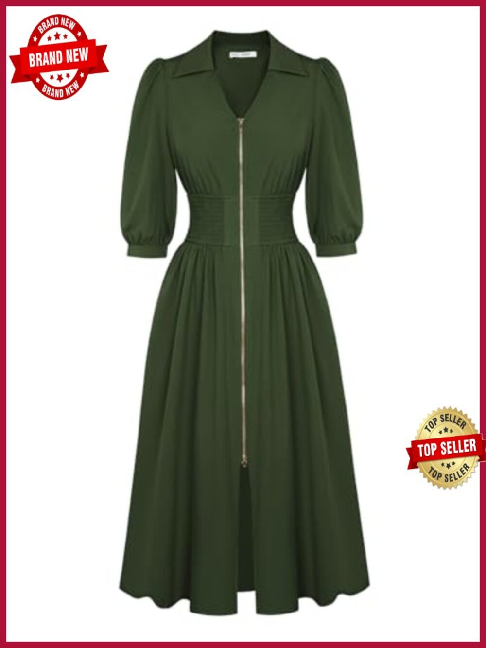 Lapel Collar Sheath Midi Dress with Zipper 3/4 Sleeves